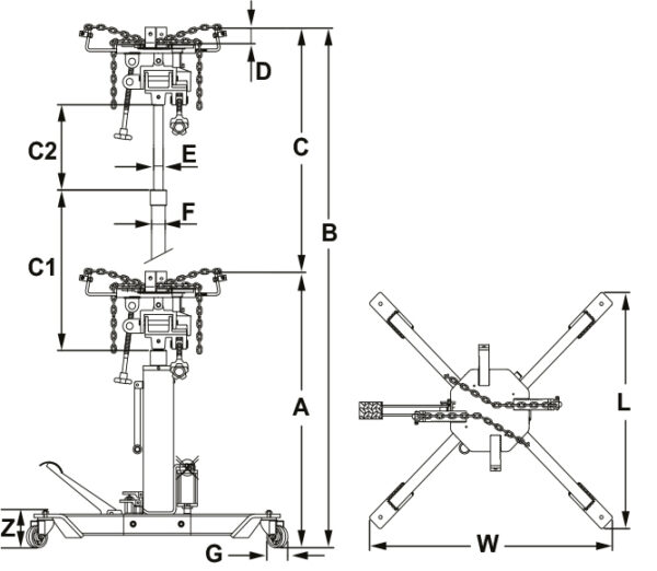42001 1000 Kg transmission jack, telescopic OMEGA LIFT EQUIPMENT