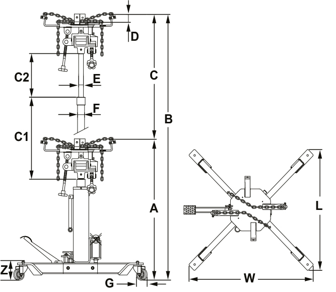 42001 1000 Kg transmission jack, telescopic OMEGA LIFT EQUIPMENT